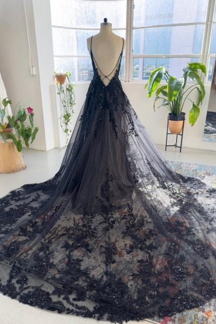 Unique Black Spaghetti Strap Sleeveless A-Line Lace Sequined Bridal Dress