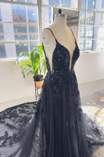 Unique Black Spaghetti Strap Sleeveless A-Line Lace Sequined Bridal Dress