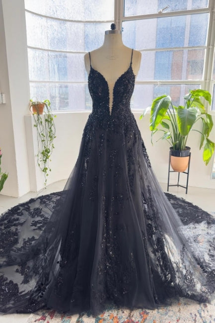 Unique Black Spaghetti Strap Sleeveless A-Line Lace Sequined Bridal Dress