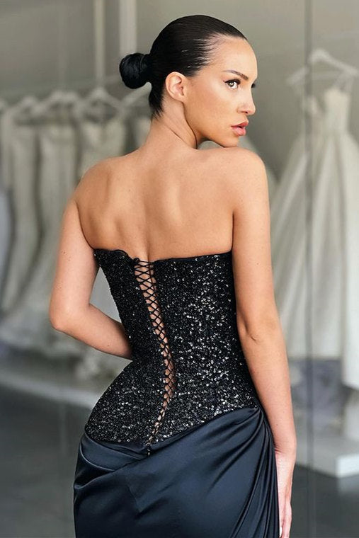 Unique Black special Strapless High-split Lace-up Sequined Prom Dress