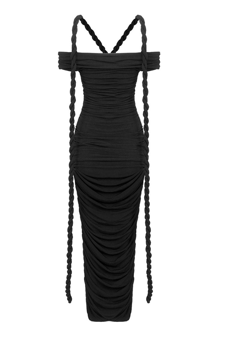 Unique Draped Rope Off Shoulder Ruched Bodycon Jersey Evening Maxi Dress