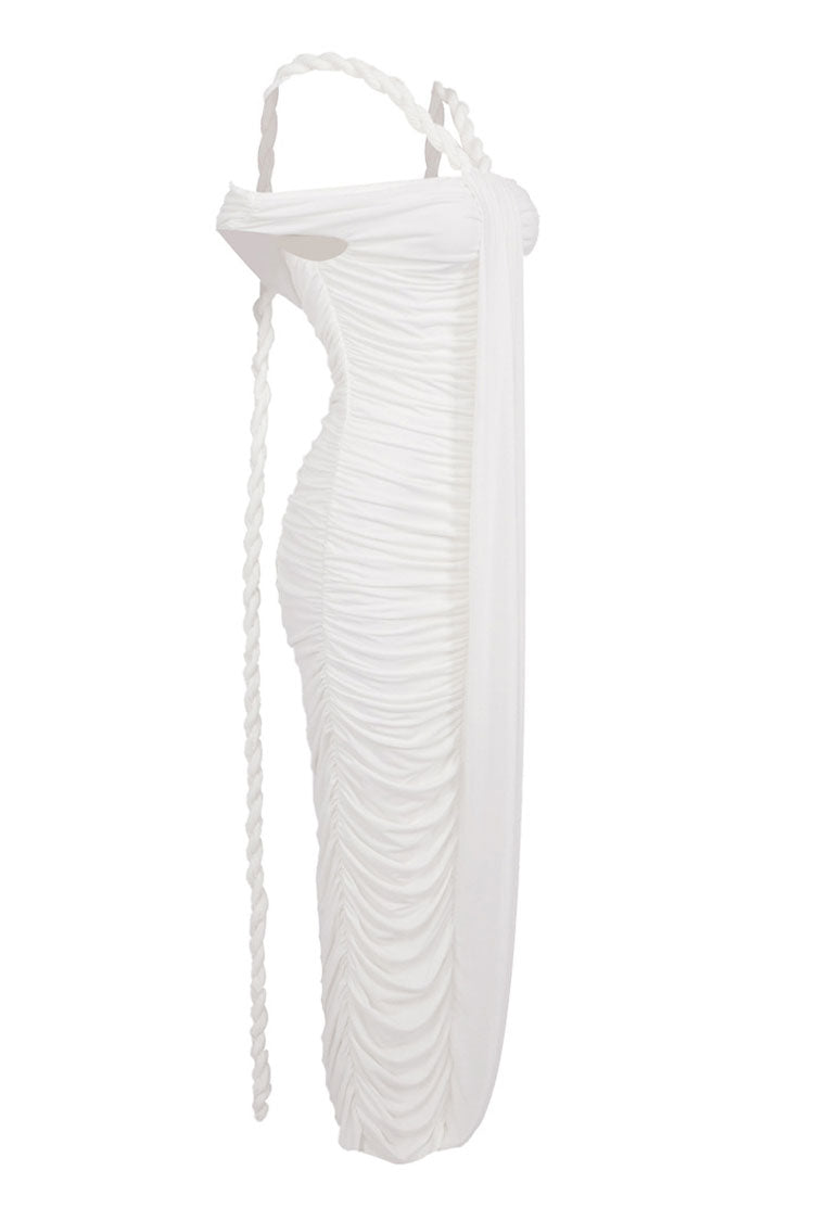 Unique Draped Rope Off Shoulder Ruched Bodycon Jersey Evening Maxi Dress