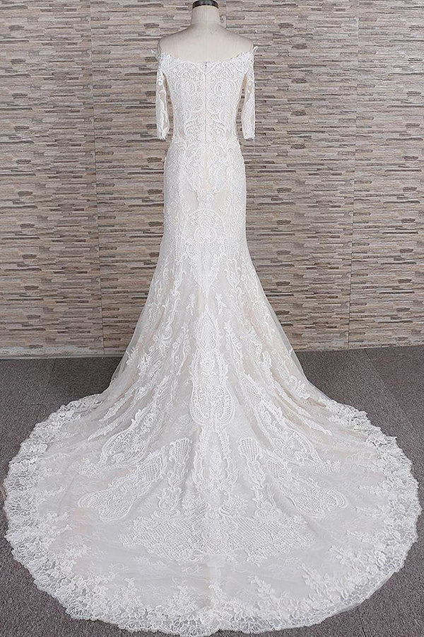 Unique Halfsleeves Lace Mermaid Wedding Dresses Champagne Bateau Bridal Gowns On Sale