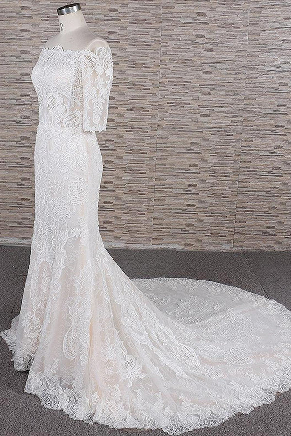 Unique Halfsleeves Lace Mermaid Wedding Dresses Champagne Bateau Bridal Gowns On Sale