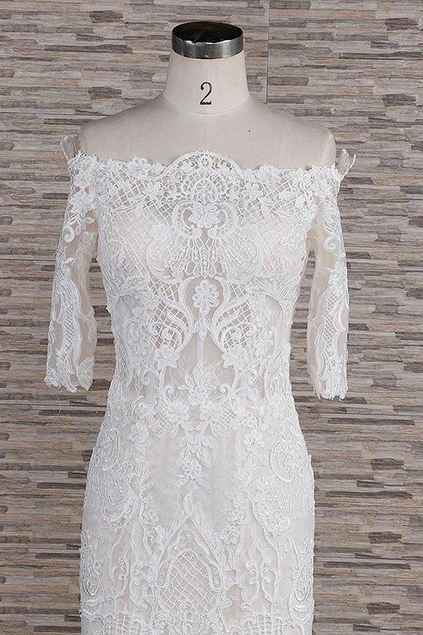 Unique Halfsleeves Lace Mermaid Wedding Dresses Champagne Bateau Bridal Gowns On Sale