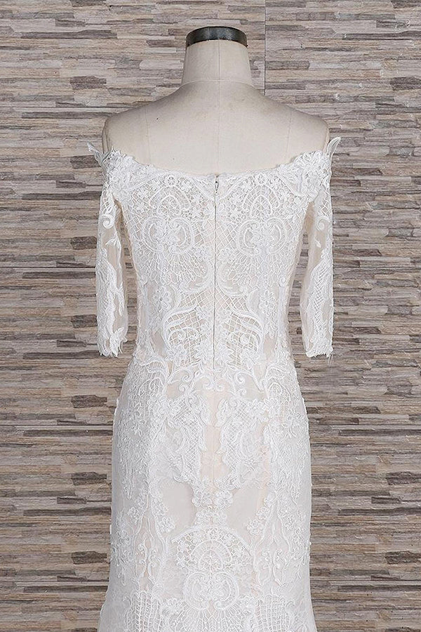 Unique Halfsleeves Lace Mermaid Wedding Dresses Champagne Bateau Bridal Gowns On Sale