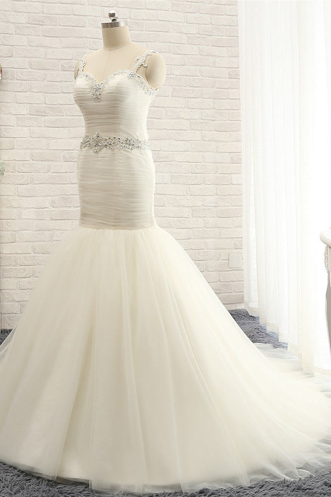 Unique Ivory Straps Mermaid Wedding Dresses Tulle Ruffles Sequins Bridal Gowns