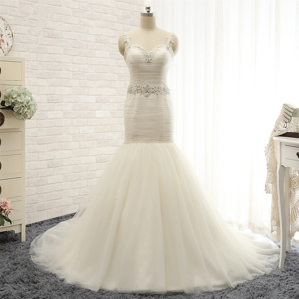 Unique Ivory Straps Mermaid Wedding Dresses Tulle Ruffles Sequins Bridal Gowns