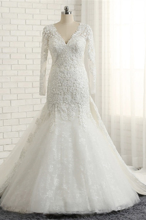 Unique Mermaid Longsleeves V-neck Wedding Dresses White Lace Bridal Gowns With Appliques On Sale