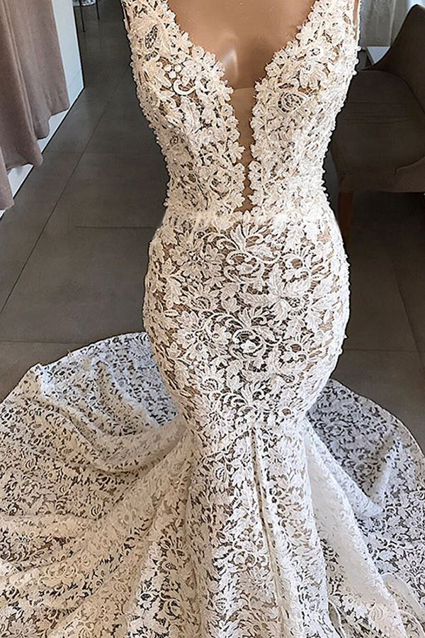 Unique White Mermaid Lace Wedding Dresses Straps Sleeveless Bridal Gowns With Appliques