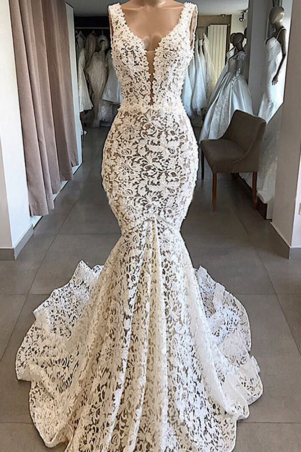 Unique White Mermaid Lace Wedding Dresses Straps Sleeveless Bridal Gowns With Appliques