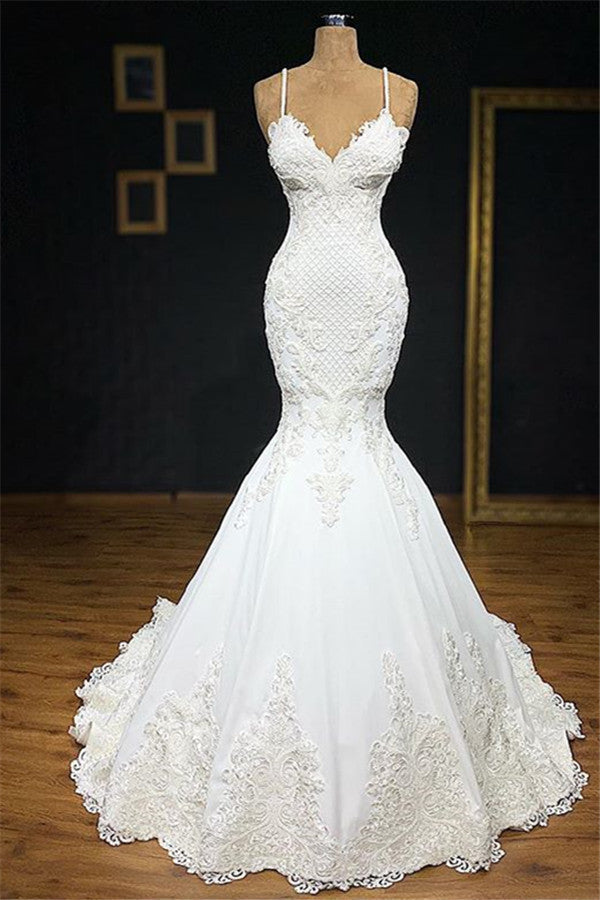 Unique White Spaghetti Straps Mermaid Wedding Dresses With Appliques Tulle Ruffles Lace Bridal Gowns