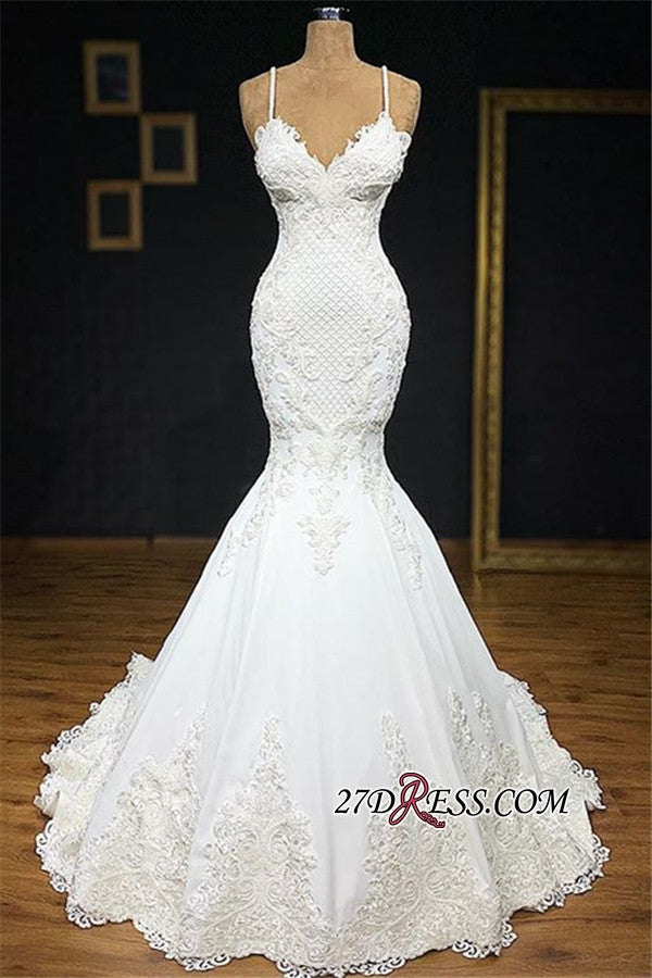 Unique White Spaghetti Straps Mermaid Wedding Dresses With Appliques Tulle Ruffles Lace Bridal Gowns