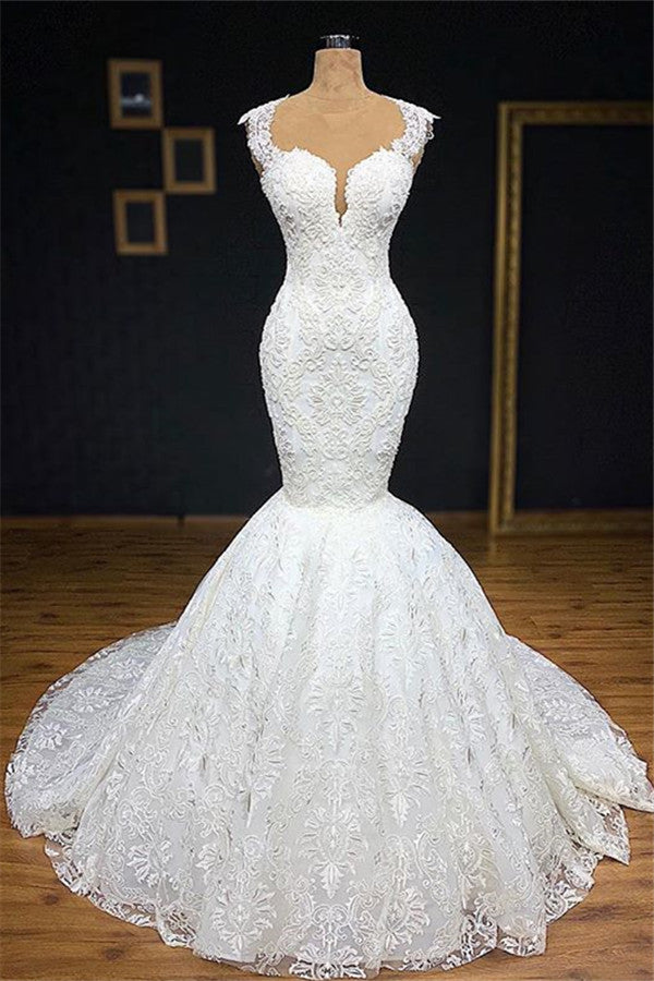 Unique White Straps Mermaid Wedding Dresses With Appliques Tulle Ruffles Lace Bridal Gowns