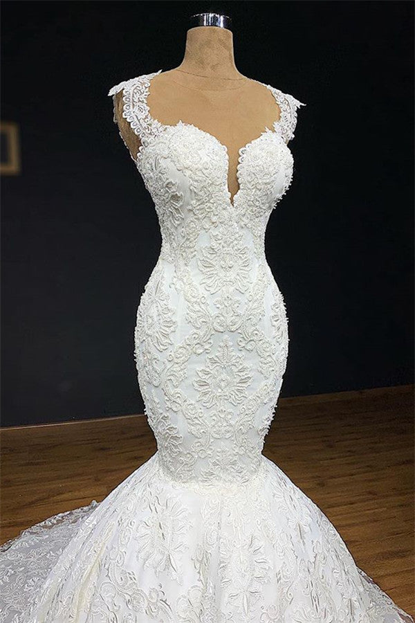 Unique White Straps Mermaid Wedding Dresses With Appliques Tulle Ruffles Lace Bridal Gowns