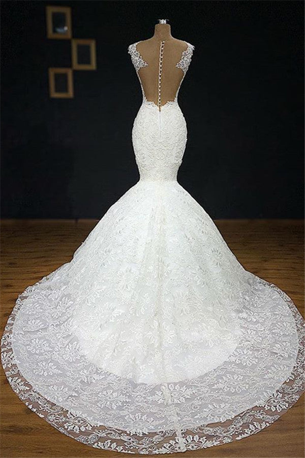 Unique White Straps Mermaid Wedding Dresses With Appliques Tulle Ruffles Lace Bridal Gowns