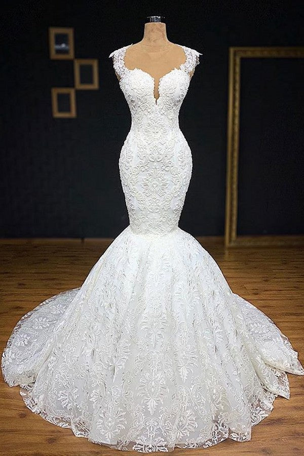 Unique White Straps Mermaid Wedding Dresses With Appliques Tulle Ruffles Lace Bridal Gowns