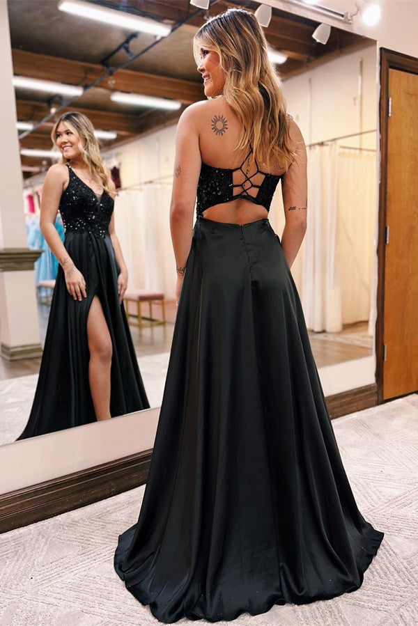 V-Neck Black Prom Dress Sleeveless Split With Split