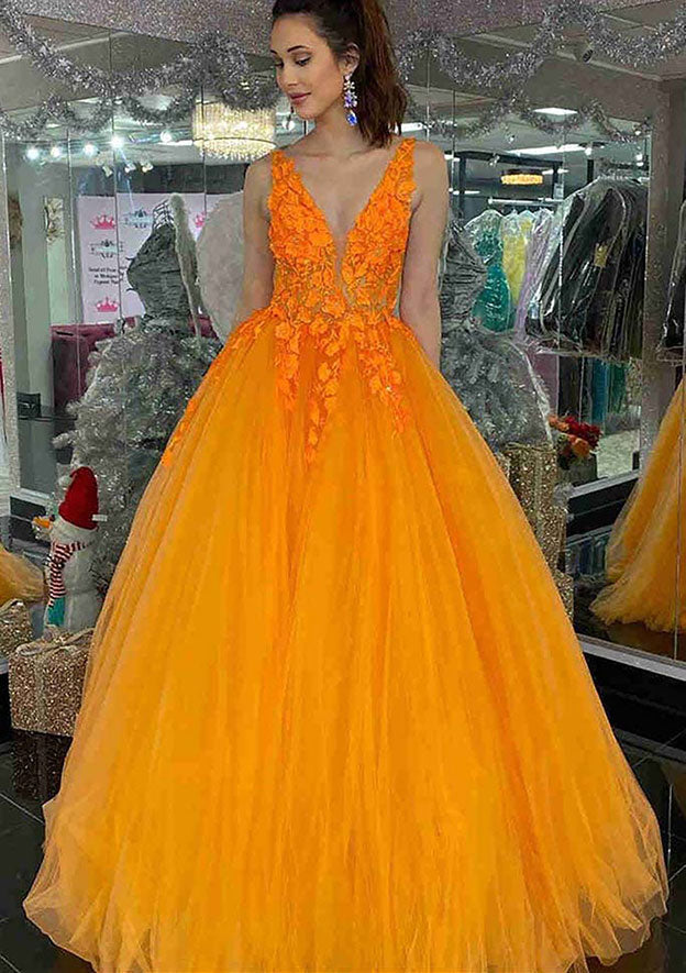 V-Neck Long Tulle Prom Dress/Evening Dress with Appliques - Princess Style