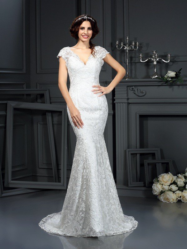 V neck Mermaid Sleeveless Lace Long Wedding Dresses