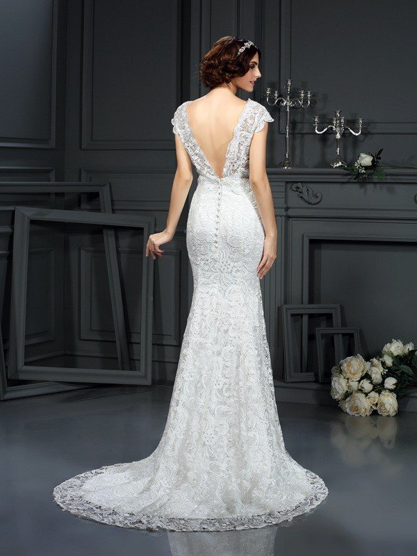 V neck Mermaid Sleeveless Lace Long Wedding Dresses