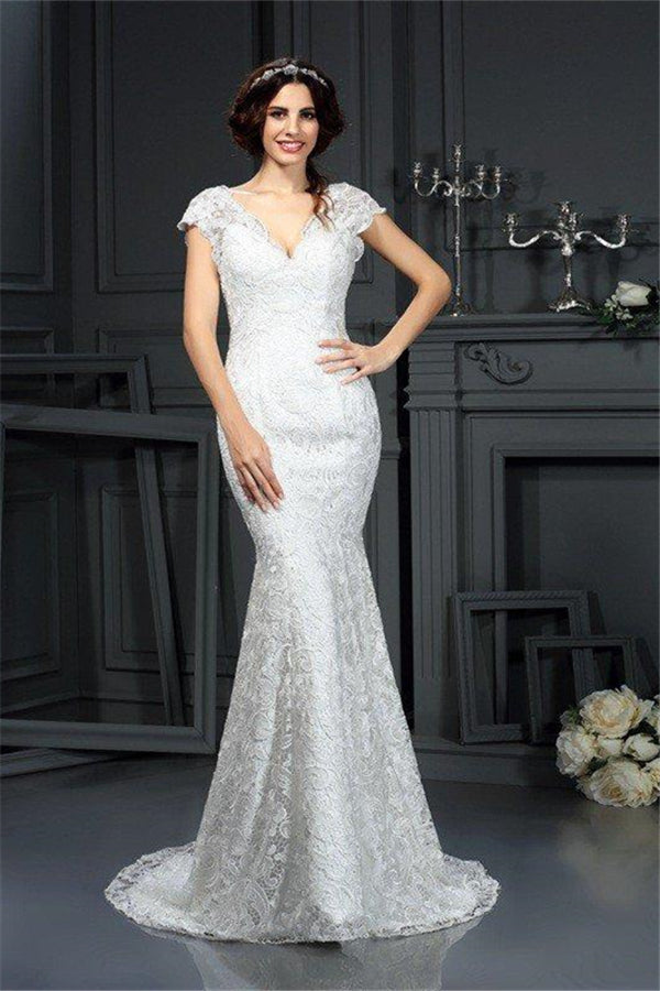 V neck Mermaid Sleeveless Lace Long Wedding Dresses