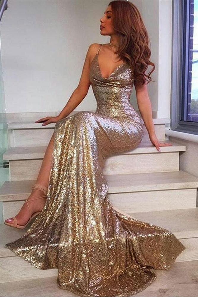 V-Neck Sequins Prom Party Gowns| Mermaid Evening Dress With Slit