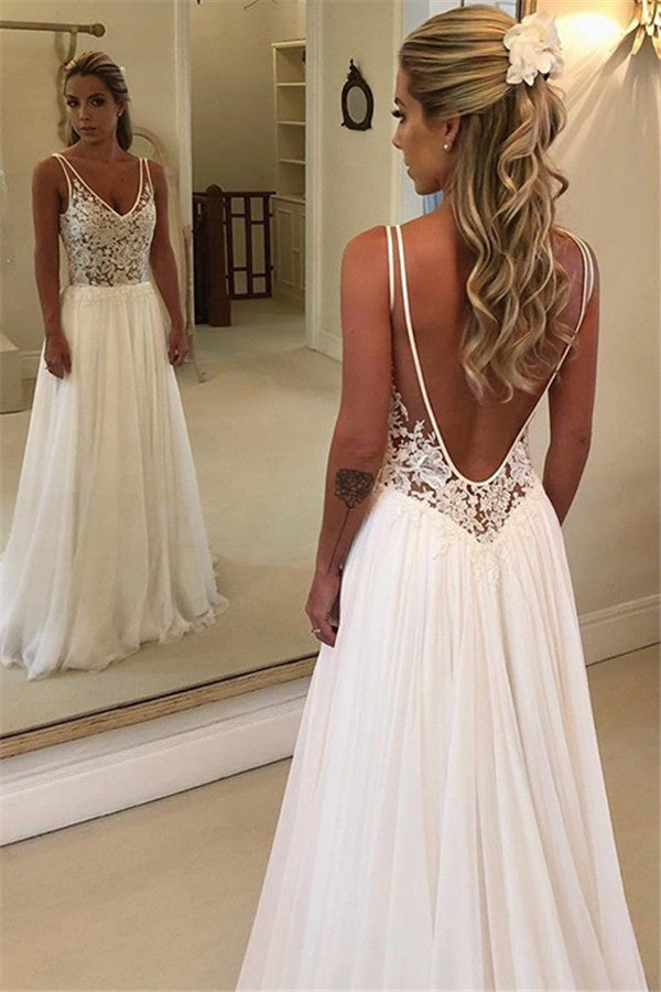 V-Neck Sleeveless Beach Wedding Dress Chiffon Long With Appliques