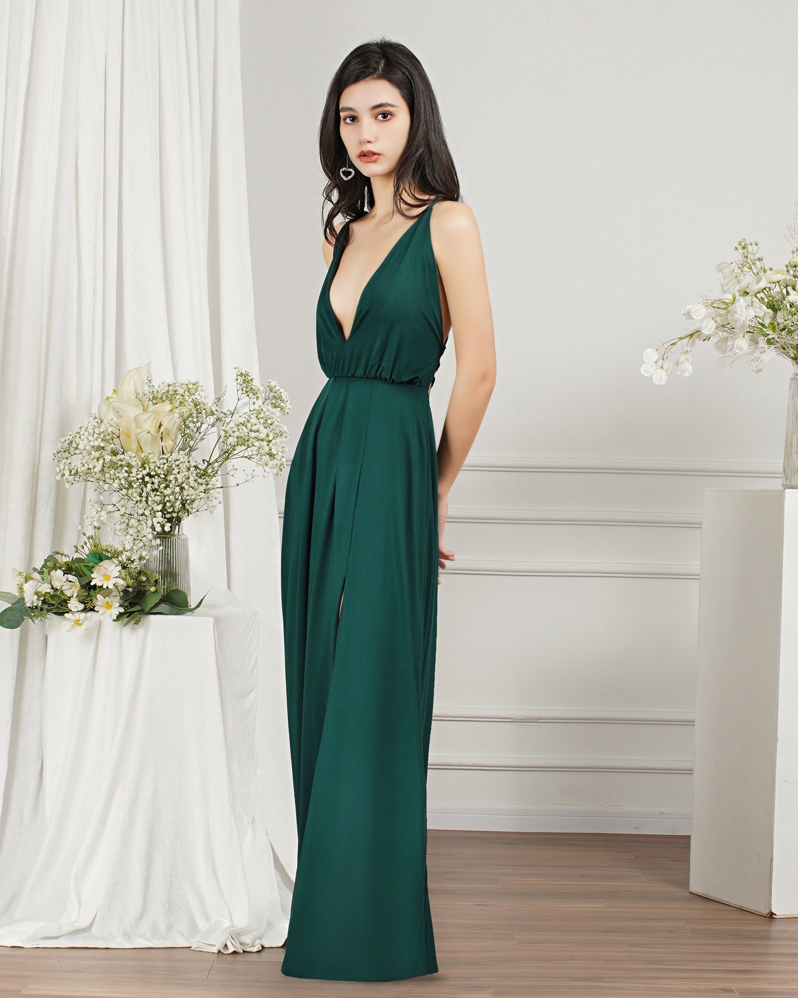 V-Neck Sleeveless Bridesmaid Dresses Long With Slit