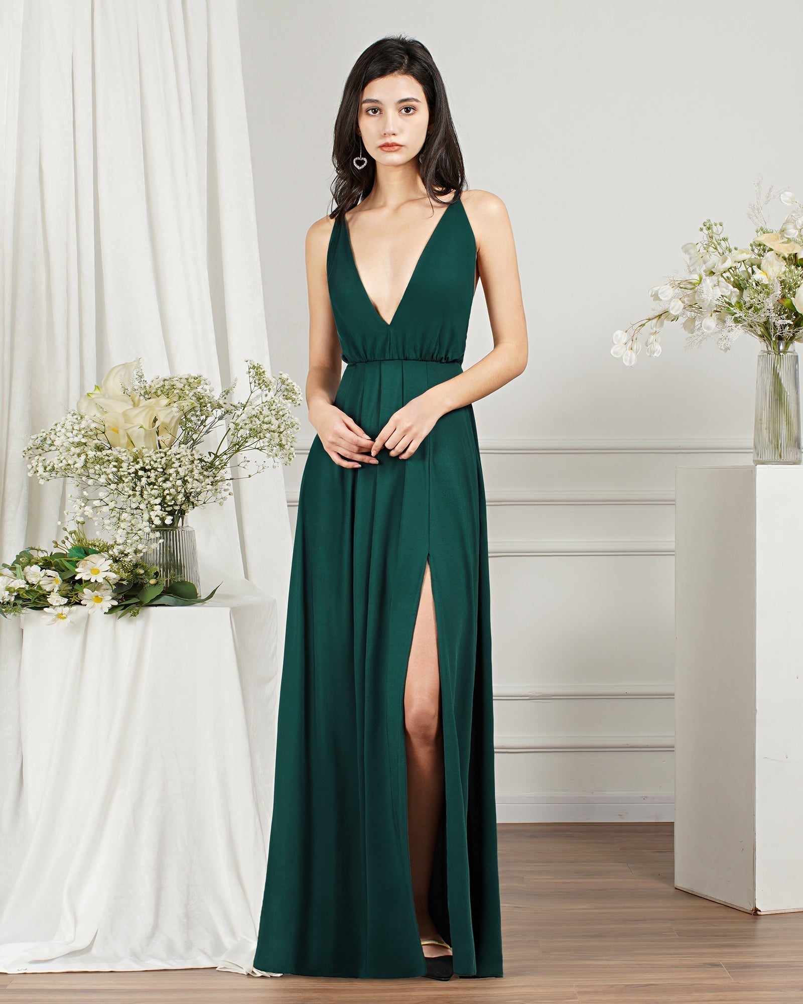 V-Neck Sleeveless Bridesmaid Dresses Long With Slit