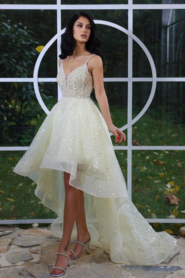 V-Neck Sleeveless Daffodil Prom Dresses Hi-Lo With Sequins Beads