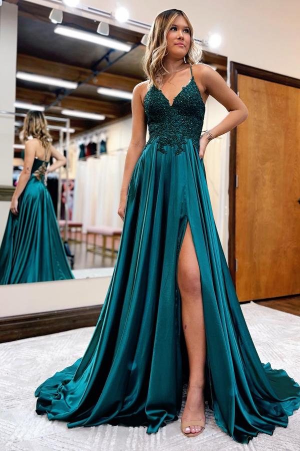 V-Neck Sleeveless Long Prom Dress With Appliques Split