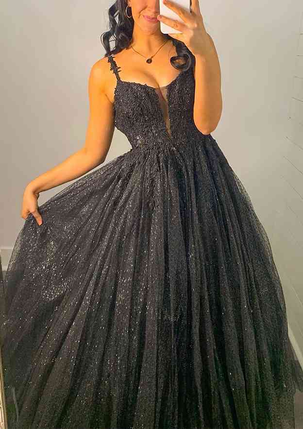 V-Neck Sleeveless Long Tulle Prom Dress/Evening Dress with Appliques & Beading