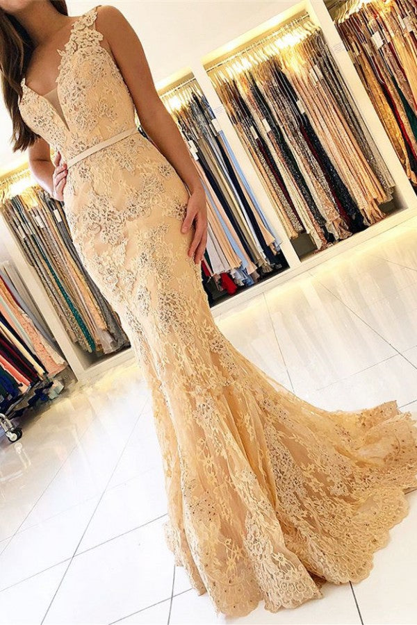 V-Neck Sleeveless Mermaid Evening Dress Lace Appliques