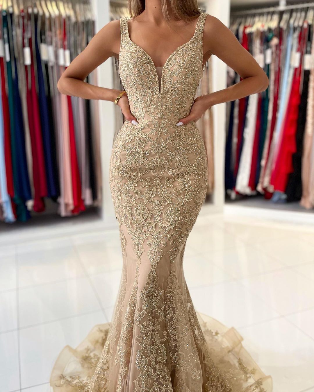 V-Neck Sleeveless Mermaid Prom Dress With Gold Appliques