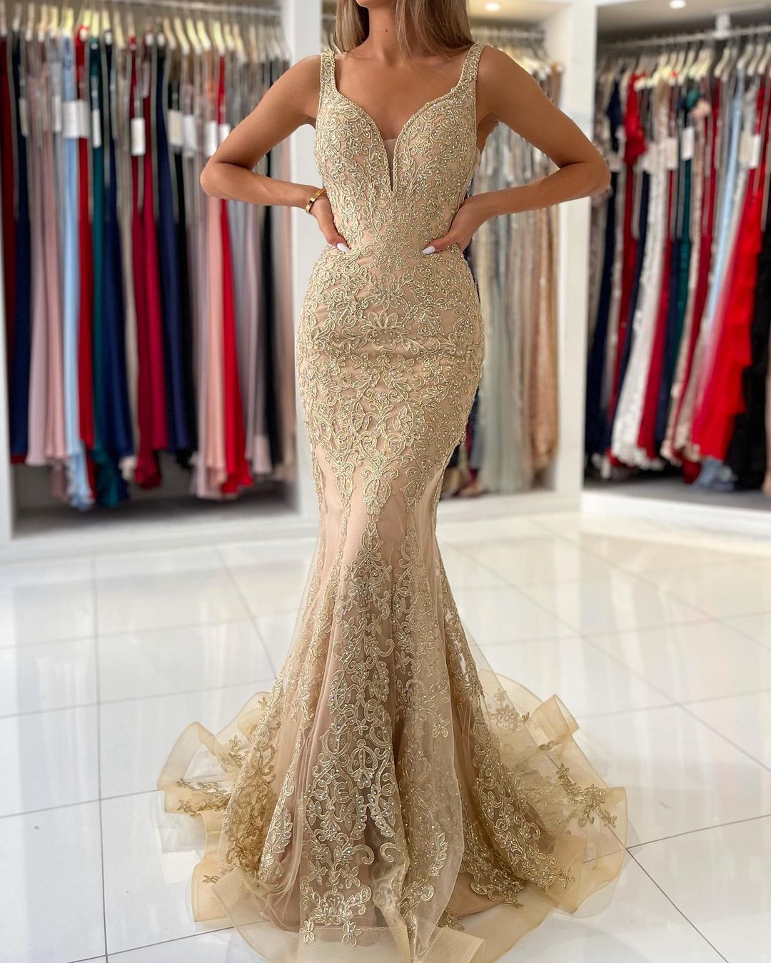 V-Neck Sleeveless Mermaid Prom Dress With Gold Appliques