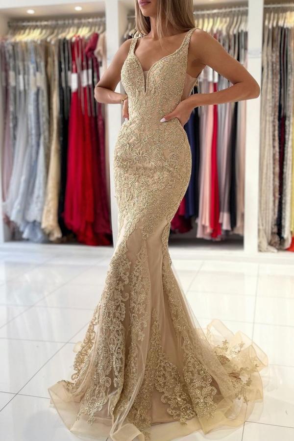 V-Neck Sleeveless Mermaid Prom Dress With Gold Appliques