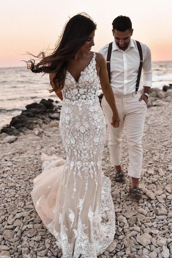 V-Neck Sleeveless Mermaid Wedding Dress With Appliques Bridal Gown