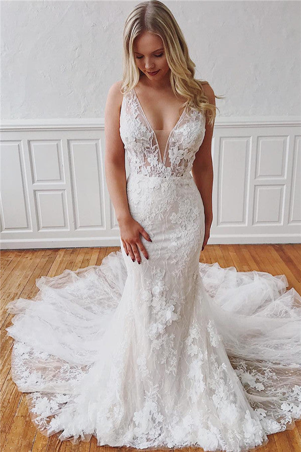 V-Neck Sleeveless Mermaid Wedding Dress With Appliques Detachable Skirt