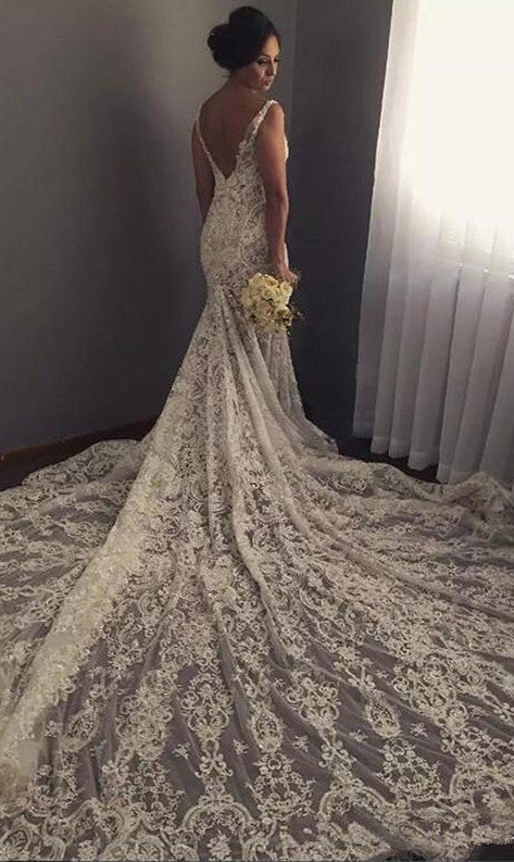 V neck Sleeveless Mermaid Wedding Dresses Modern Lace Appliques Bridal Gown