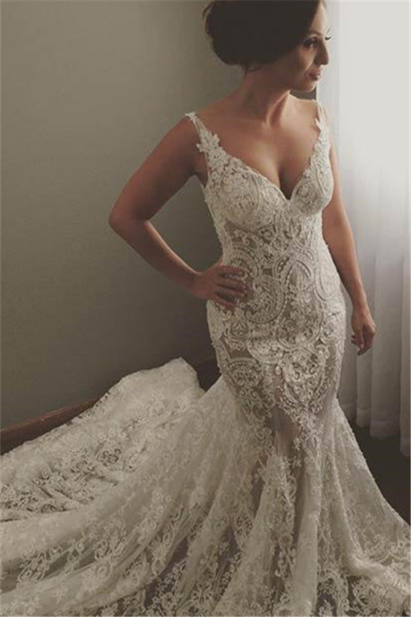 V neck Sleeveless Mermaid Wedding Dresses Modern Lace Appliques Bridal Gown