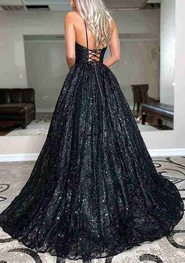 V-Neck Sleeveless Prom Dress/Evening Dress with Sequined Sweep Train - Ball Gown Style