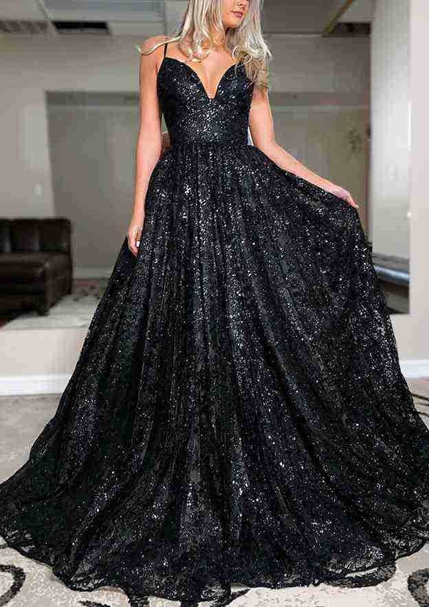 V-Neck Sleeveless Prom Dress/Evening Dress with Sequined Sweep Train - Ball Gown Style