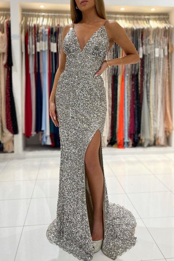 V-Neck Sleeveless Sequins Prom Dress Mermaid With Slit