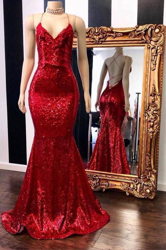 V-neck Sleeveless Spaghetti Sequins Mermaid Long Prom Dresses