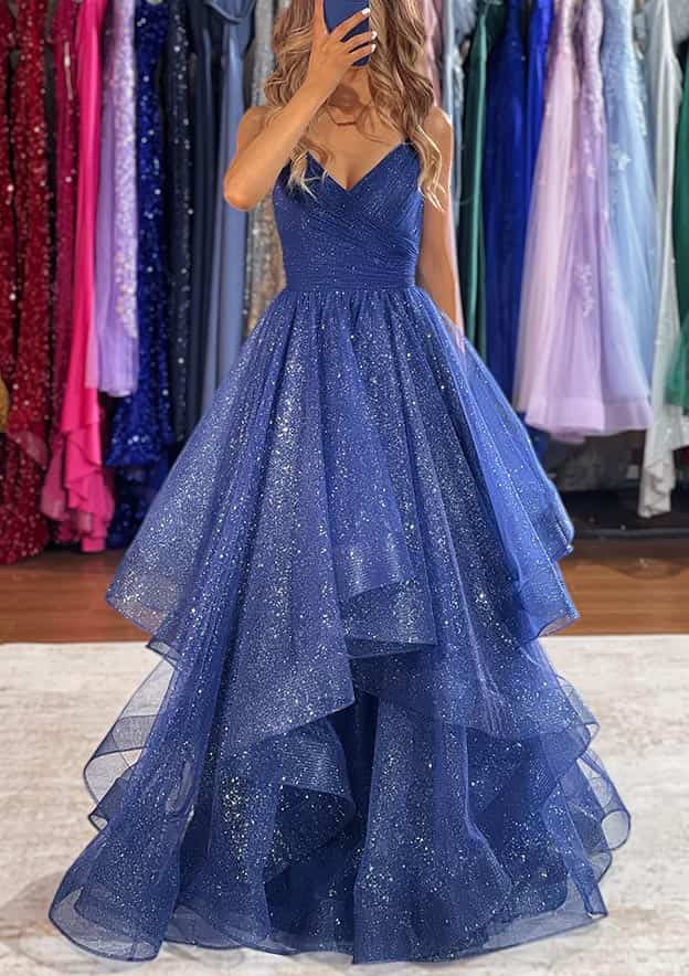 V-Neck Sleeveless Tulle Long Prom Dress/Evening Dress with Ruffles and Glitter