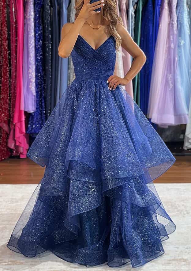 V-Neck Sleeveless Tulle Long Prom Dress/Evening Dress with Ruffles and Glitter