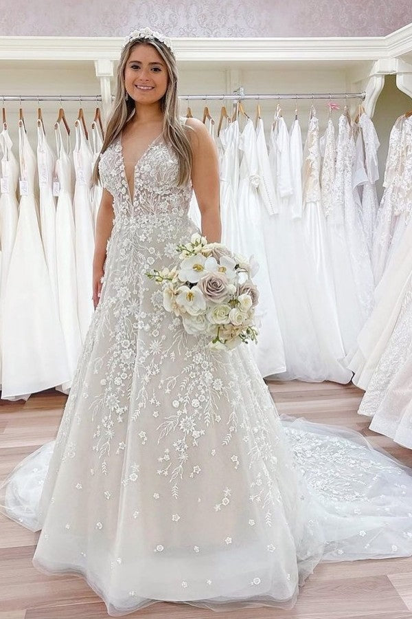 V-Neck Sleeveless Wedding Dress Long With Appliques