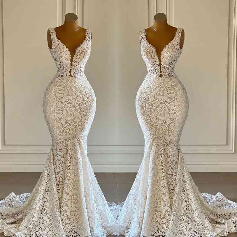 V-Neck Sleeveless Wedding Dress Mermaid Lace