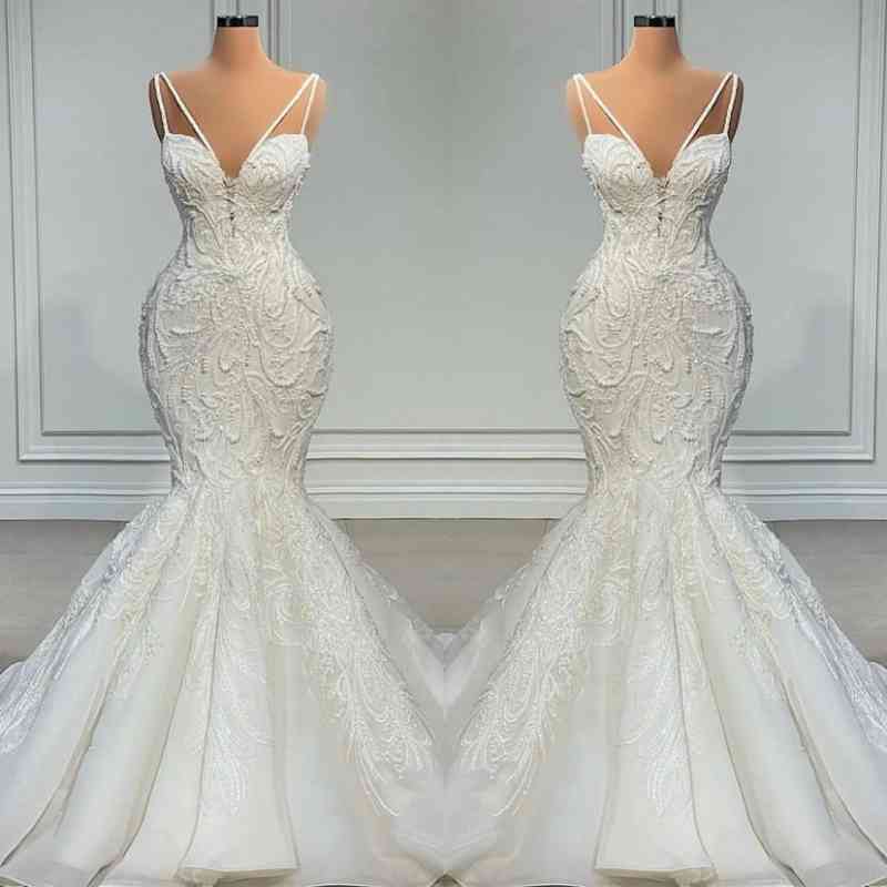 V-Neck Sleeveless Wedding Dress Mermaid Lace With Beads